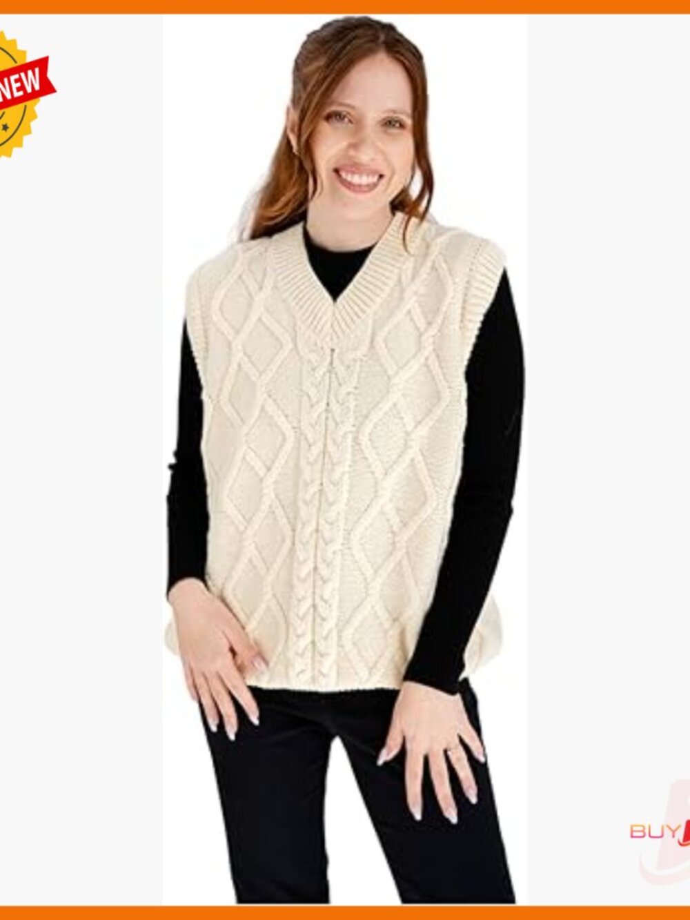 Oversized Merino Wool V-Neck Sweater Vest Cable Knit Layering Top